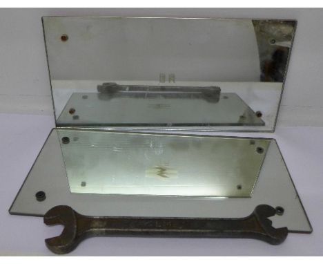 Two British Railway mirrors and an LMS spanner, 30cm