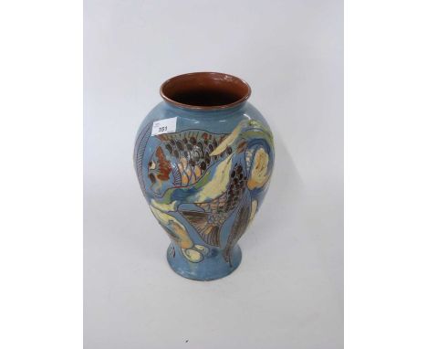 An early 20th Century Barum pottery fish vase with incised signature to base and date 1902, 32cm high