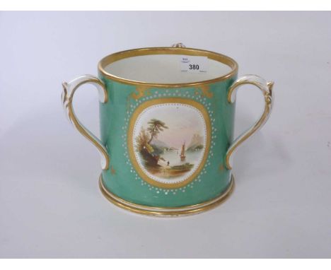 Large 19th Century English porcelain tyg with painted panel of a sailing scene and also panel of flowers with inscription in 