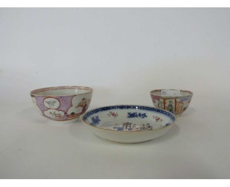 Group of three pieces of Chinese porcelain, 18th Century, comprising a small dish with Chinese figures, a bowl with polychrom