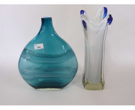 Large Studio Glass vase, the light blue ground streaked in white together with a further tall vase with blue design, 38cm hig