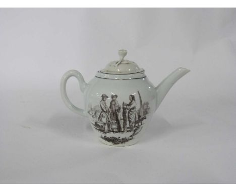  An 18th century Worcester porcelain teapot, bachelor size, circa 1760 with printed decoration of L'Amour and further print v