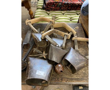 Group of five various vintage iron sheep bells with wood and leather mounts together with a pair of vintage sheep shears, lar