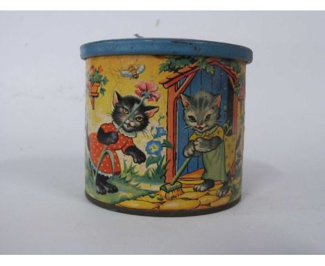 Small vintage cylindrical box containing a quantity of marbles