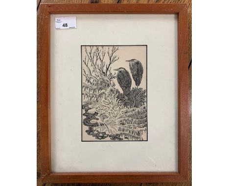Charles Frederick Tunnicliffe RA (British,1901-1979), Herons woodcut lithograph,1942, 5x7ins framed and glazed.