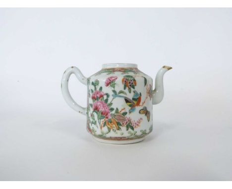 19th Century Cantonese porcelain teapot decorated with Chinese figures with butterflies and birds verso (cover lacking)Good c