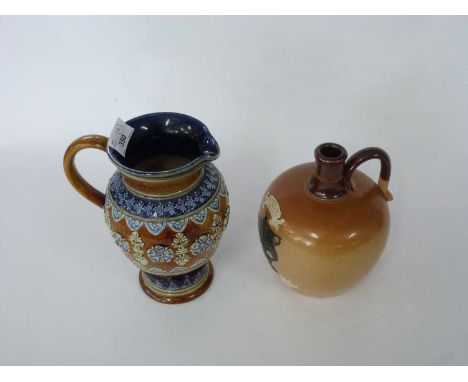 Doulton Lambeth jug, late 19th Century with applied floral decoration together with a Royal Doulton flask marked Special High