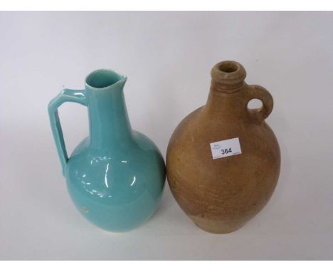 A stone ware buff flask, 18th Century together with a turquoise ground ewer with angular handle, flask 30cm high