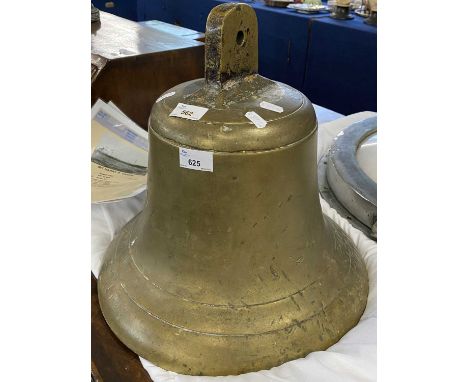 A large brass ships bell marked Harry R Trapp, from a Scandinavian former oil tanker, 39cm high lacking internal clapper