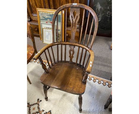 Small oak Windsor chair with hooped stick back and crinoline stretcher, 100cm high