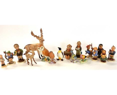 A quantity of Goebel Hummel type figures (9), together with further ceramic bird models, a Beswick model of an Owl and a Stag