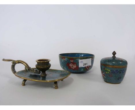 Group of Cloisonne wares including a small bowl, further small bowl and cover, also a taper stick