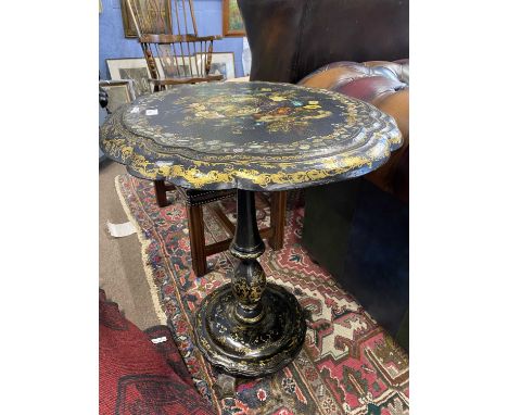 Victorian papier mache black lacquer and mother of pearl inlaid occasional table, the top set with a panel of inlaid and pain