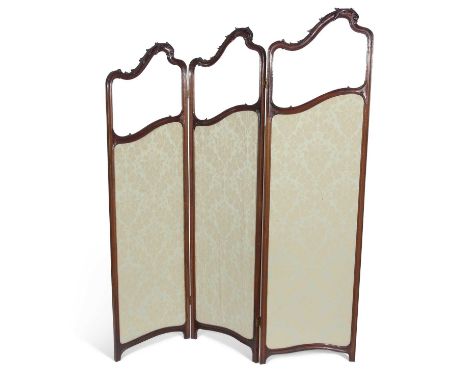 19th Century mahogany bi-fold screen formed of three graduated sections, each with a glazed panel to the top over fabric line