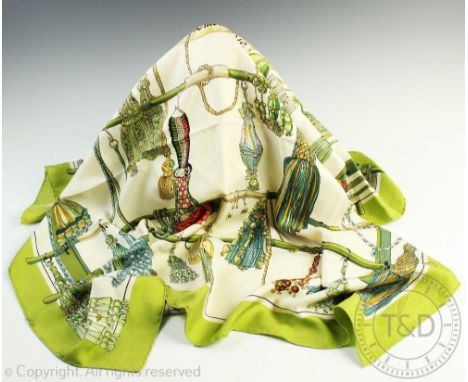 A Hermes Paris Passementerie pattern scarf designed by Francoise Heron, 86cm wide   CONDITION REPORT:  showing wear. Stained 