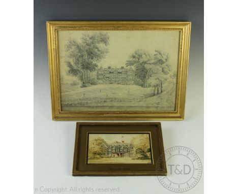 English School - early 19th century, Pencil Sketch, View of Carden Park Old Hall, (burnt down in 1912), 25.5cm x 37cm, Framed