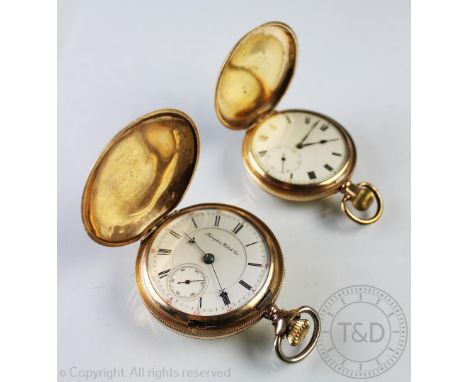 A gold plated full hunter pocket watch within Dennison case, white enamel dial with black Roman numerals, movement numbered '