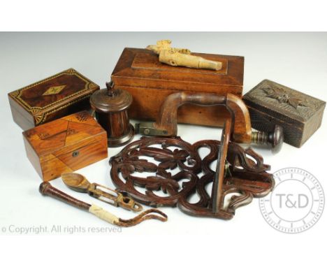 A collection of 19th century and later boxes and assorted treen, to include; a sarcophogus shaped oak box, 33cm wide, a Black