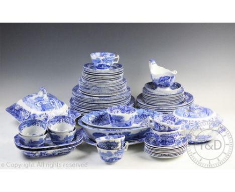 A Spode blue printed Italian pattern assembled dinner service, comprising; 8 dinner plates 27cm D, 8 side plates 23.5cm D, 8 