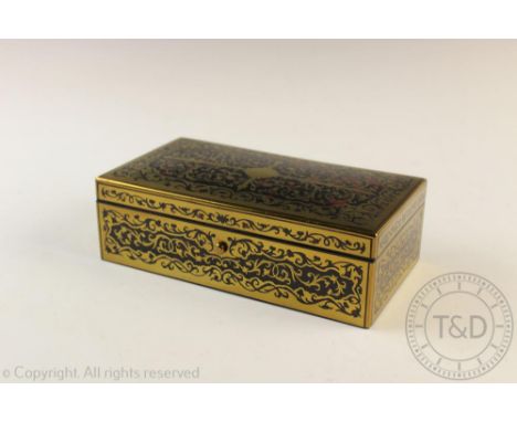 A 19th century Boulle work Bridge card game box, the exterior finely decorated with scrolling tendrils in brass and tortoises