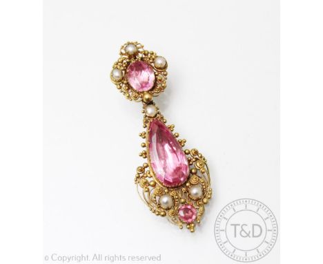 A Georgian foiled back topaz and pearl set earring circa 1830 (later converted to a pendant), within cannetille gold coloured