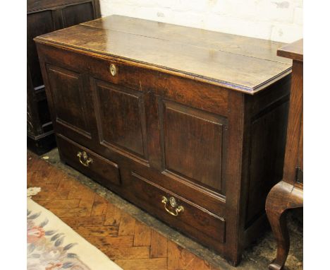 A George III oak and mahogany banded mule chest, of Lancashire type, with hinged top above six dummy and three real drawers, 