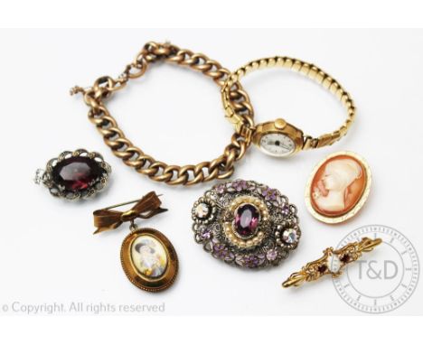 A collection of jewellery and watches, to include; a lady's 9ct gold Avia Incabloc cased wristwatch with attached gold plated