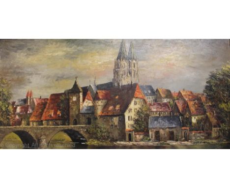 German school, late 20th centuryOil on canvasBavarian town scene with river and bridgeindistinctly signed48cm x 99cmFramed   