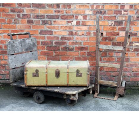 A late 19th century cast iron and pine Railway station luggage trolley, 98cm x 120cm, and a sack truck, originally from Waver