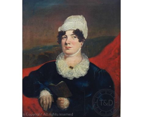 English School (early 19th century), Oil on canvas, Portrait of a lady, half length, wearing lace cap and collar and holding 