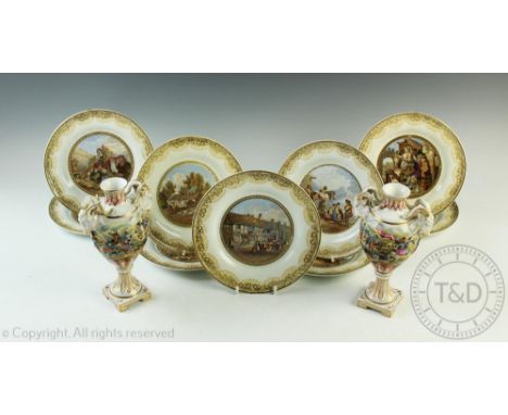 A pair of late 19th century Capodimonte vases, each with rams mask handles and of urn shape externally decorated in relief wi