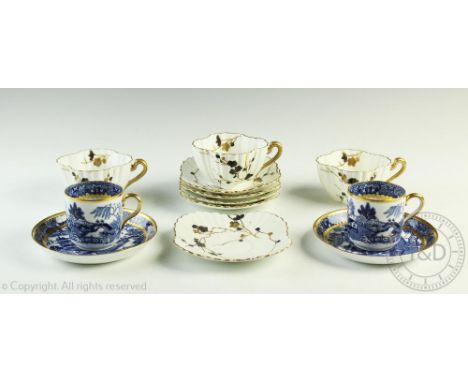 A Shelley 'Alexandra' pattern part tea service, registered 04.11.1886, comprising; three teacups and five saucers, impressed 