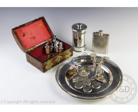 A selection of silver and silver plated items to include a imported silver cylindrical case and cover, Mark Houghton Ltd, 7cm