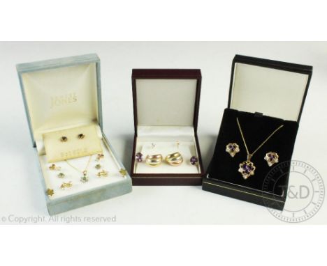 A collection of jewellery, to include; a pair of amethyst and diamond set 'leaf' shaped earrings and matching pendant set in 