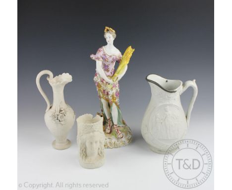 A Royal Vienna style porcelain figure of Autumn, underglaze blue beehive mark, 37cm high,  a double mask beaker, modelled as 