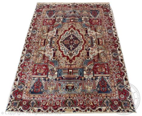 A Kashmir 'under earth' design carpet,  worked with an elaborate design of vases, urns, flowers etc, within panels, against a