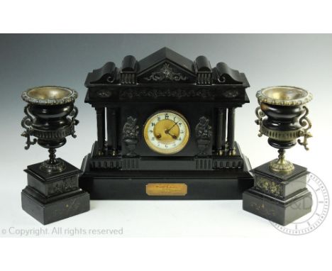 An Edwardian black slate clock, by J. W. Benson Ltd the 8-day mantle clock of architectural form with cream chapter ring and 