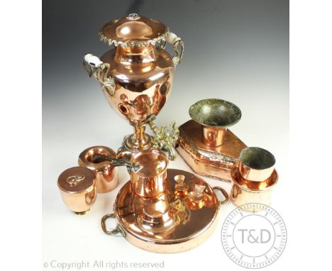 A collection of 19th century and later copper wares, to include; a ceramic handled samovar 48cm high, saucepans and further c