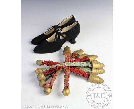A pair of ladies 'Delta' vintage shoes, in black with art deco design and paste set button along with eight vintage shoe last