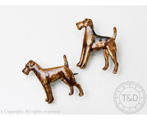 Two silver and enamel 'Kenart' terrier and airedale terrier dog brooches, each stamped verso, 3cm high (2) (at fault)  CONDIT