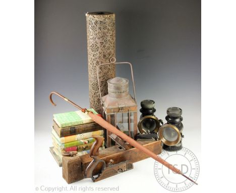 A collection of vintage items to include a pair of Lucas King's Own car lamps, No.F.141, a copper hanging oil lamp, a working