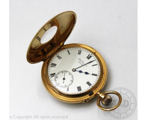 A George V 18ct gold J.W. Benson half hunter pocket watch, London 1911, the front with blue enamelled Roman numerals, inside 