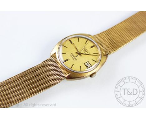 A gents Longines Automatic Admiral wristwatch, the yellow metal case with circular dial, batons and centre sweep seconds, sub