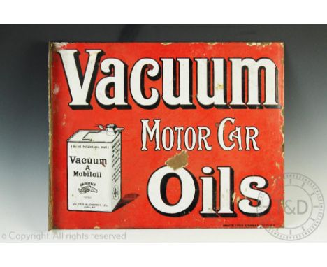 A Vintage vitreous enamel Vacuum double sided advertising sign, 'Vacuum Motor car oils', 50.5cm x 41cm (as found)   CONDITION