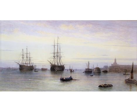 Frederick Miller (19th century), Watercolour, Portsmouth Harbour with rowing boat and ships beyond, Signed lower left 'F.Mill