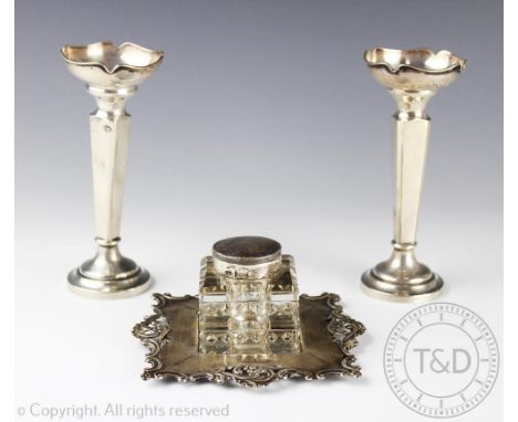 A pair of George V silver posy vases, each with cusped rims and canted square, 15.5cm high and an Edwardian silver mounted in