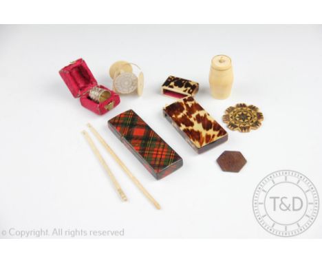 A tortoiseshell tambour/crochet work set, 19th century, 9.7cm high, along with assorted related sewing ephemera, to include; 