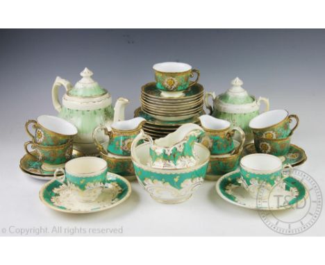A Tuscan Fine China green and florally decorated part tea service with Meito green and gilt decorated part tea service and fu