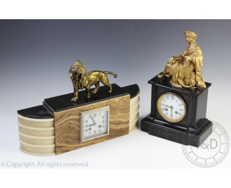 An Art Deco slate and agate mantel clock, with square face and Arabic numeral dial, with brass lion surmount, 30cm high and a