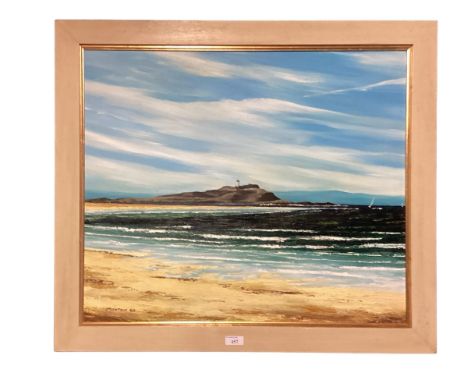 A contemporary oil on board, seascape and lighthouse, GEORGE H R MUNTON, marked verso May 2002, Fidra, North Berwick, in Cont